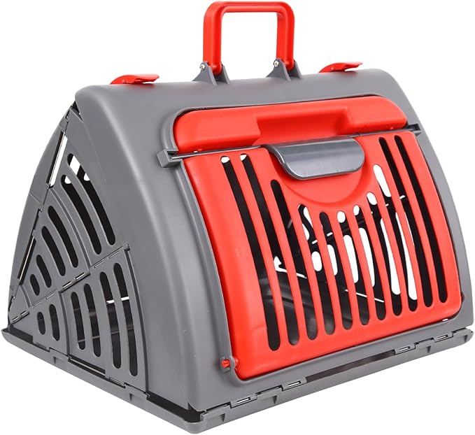 Foldable Travel Cat Carrier, Small Cat Carrier Hard Up to 25lbs, 18" Lx14.5 Wx14 H Front Open Type Plastic Cat Carriers, Red