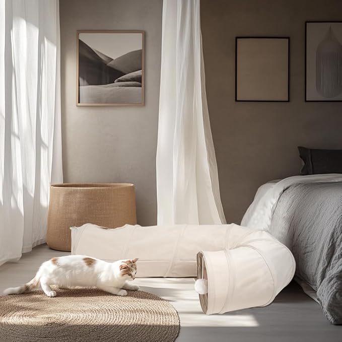 Cat Tunnel, 2-Way Collapsible Cat Tube with Interactive Peek-A-Boo Hole, Toy Ball, and Rope – Ideal for Indoor Cats, Kittens, and Rabbits, Beige