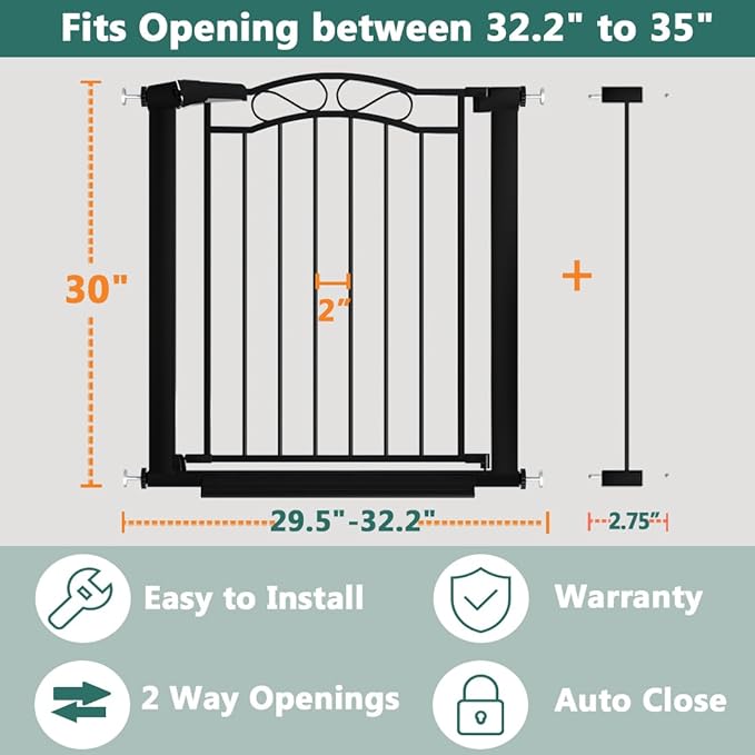 Black Baby Gate with Door-Walk Through Baby Gates for Stairs Pressure Mounted no Drill-Indoor Tension Metal Child Pet Dog Safety Gate 32.28"-35.04" Wide