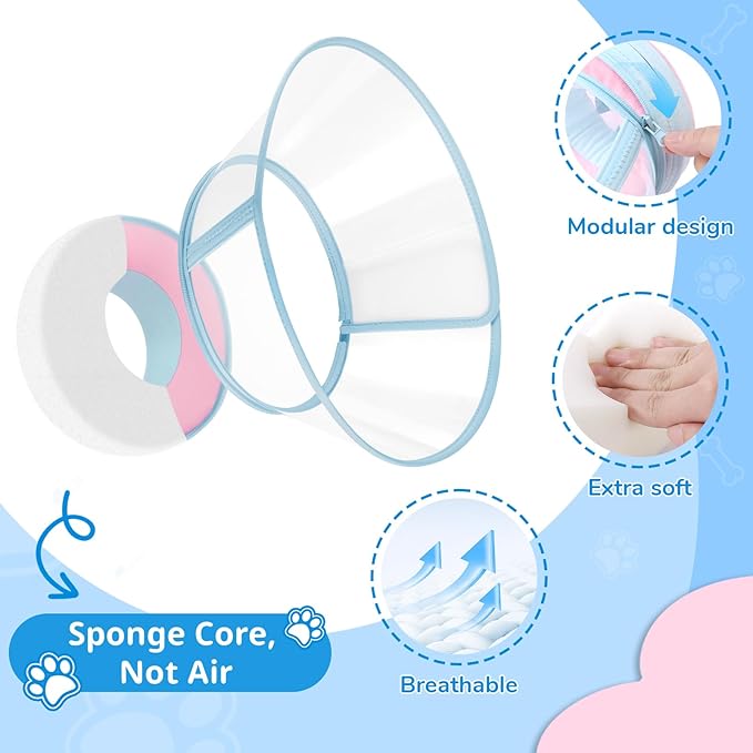 Sponge Core Dog Cone, Inflatable Dog Cone Collar Alternative, Dogs Donut Collar After Surgery, Soft Cone for Large Medium Small Dogs to Stop Licking, No Inflation Required, Clear View(Size 3, Pink)