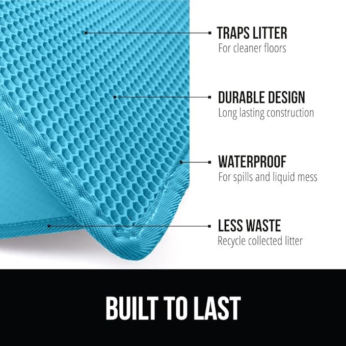 GORILLA GRIP Honeycomb Cat Litter Box Mat, 35x24 Two Layer Trapping Waste Mats, Soft On Paws, Litter Box Supplies and Essentials for Indoor Cats, Traps Excess, Water Resistant for Floors, Turquoise