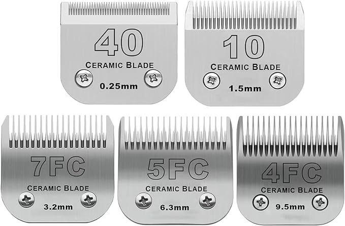 Size 40/10/7F/5F/4F Detachable Pet Dog Grooming Clipper Ceramic Blades Set,Compatible with Andis,Oster A5,Wahl KM10 Series Clippers,Cut Length 1/100"(0.25mm) to 3/8"(9.5mm),5 Pack