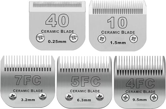 Size 40/10/7F/5F/4F Detachable Pet Dog Grooming Clipper Ceramic Blades Set,Compatible with Andis,Oster A5,Wahl KM10 Series Clippers,Cut Length 1/100"(0.25mm) to 3/8"(9.5mm),5 Pack