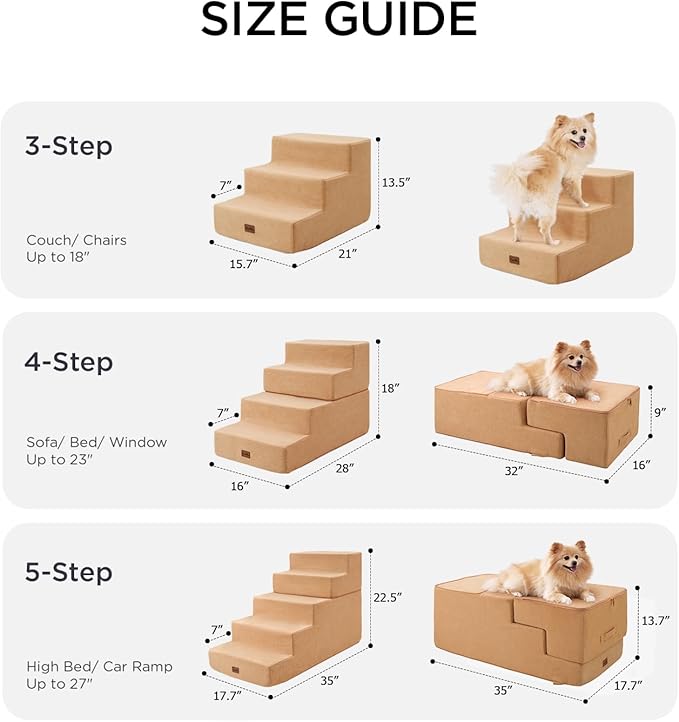 Made4Pets Dog Stairs for Small Dogs, Extra Wide Dog Steps for Bed Couch Sofa and Chair, 35D Foam Pet Steps for Small Dogs and Cats(Up to 40lbs), Non-Slip Bottom Pet Stairs, Tan, 3 Steps