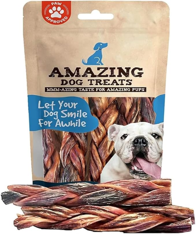 Amazing Dog Treats - 6 Inch Braided Beef Esophagus Sticks (4 Pc/Pack) - Braided Gullet Sticks Dog Chews