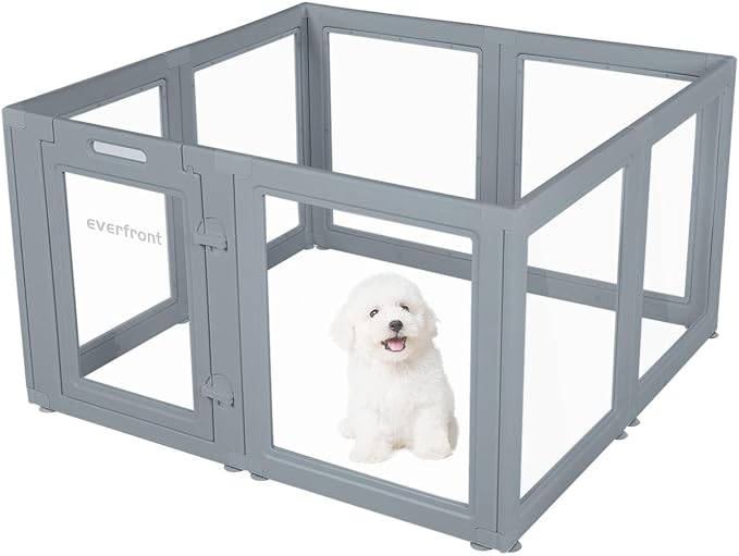 Clear Dog Play Pen - Easy Assemble Durable Plastic Acrylic Dog Playpen - Dog Playpen Indoor, Puppy Playpen, Cat Playpen, Small Animal Playpen, Dog Play Pen Indoors (Grey, 23.6" H, 8PCS)