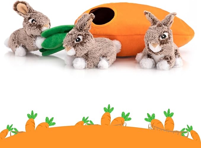 Hollypet Hide and Seek Squeaky Dog Toy, Designed Interactive Puzzle Plush Stuffed Puppy Toy, Rabbit and Carrot