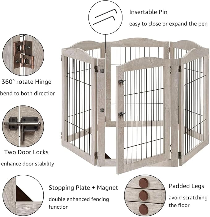 unipaws 132" Extra Wide Dog Gate and Pet Playpen, Free Standing Tall Fence with Walk Through Door, Barriers for Home, Use as Indoor Dogs Cats Pen, Rabbit Pen, Weathered Grey
