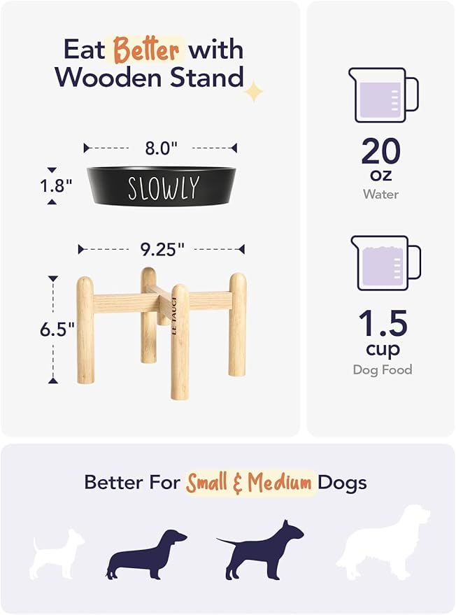 Ceramic Slow Feeder Bowl Elevated - 1.5 Cup with Wood Stand for Small & Medium Breed, Anti-Gulping, Black