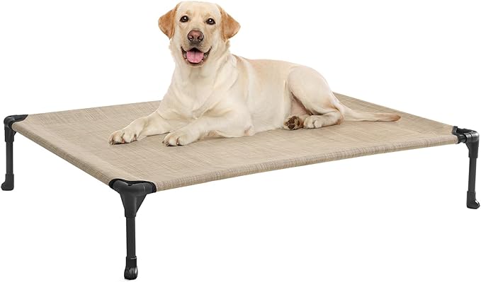 Veehoo Outdoor Elevated Dog Bed Large Sized Dogs, Large Cooling Raised Dog Cots Beds Training Platform Off Ground Hammock with Breathable Mesh, No-Slip Feet, 42"x30", Beige Coffee