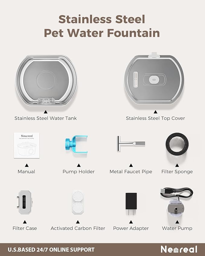 Cat Water Fountain Stainless Steel - Pet Drinking Fountain for Cats Indoor - 3.2L/108oz Automatic Water Dispenser with Watering Level Window (4 Filter)