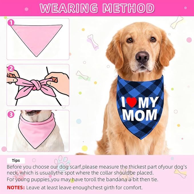 GreenJoy Cute Plaid Dog Bandana – Washable Pet Triangle Scarf for Small, Medium, Large Dogs and Cats, Adjustable Pet Accessory for Birthday, Wedding and Christmas (Blue (I Love My Mom), Small)