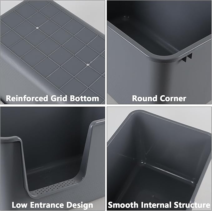 Gloreen 2-Pack Plastic High Sides Cat Litter Box, Open Top Cat Litter Box with Scoop, Grey