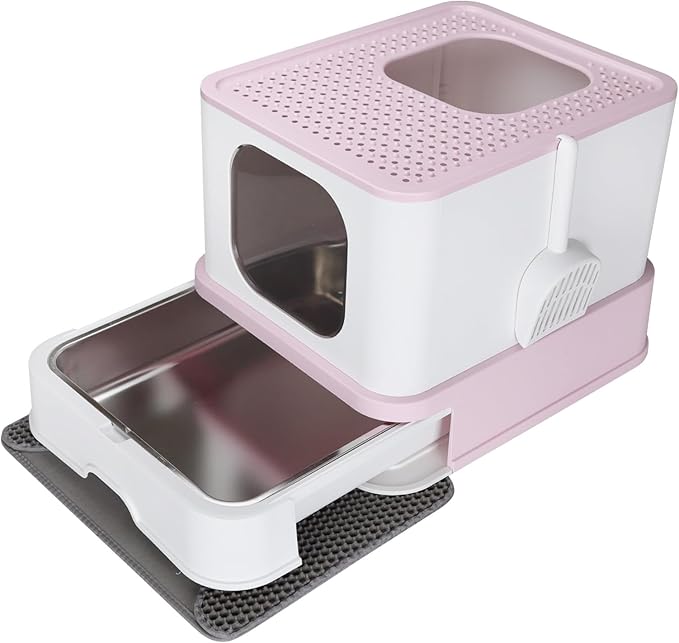 RIZZARI Stainless Steel Cat Box: Large for Cats Up to 45 lbs - Covered Odor Control Enclosure with Easy Clean - Pink - Anti-Splash Design for Multi-Cat Families & Apartments