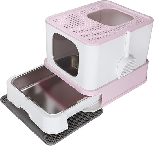 RIZZARI Stainless Steel Cat Box: Large for Cats Up to 45 lbs - Covered Odor Control Enclosure with Easy Clean - Pink - Anti-Splash Design for Multi-Cat Families & Apartments