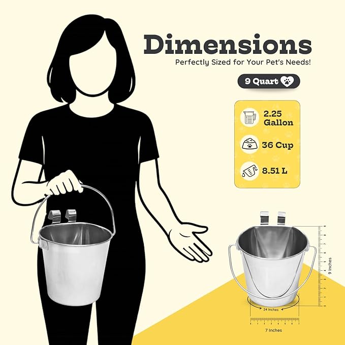9 Quart Stainless Steel Flat Sided Pail with Dual Hooks | Food & Water Hanging Bucket for XL Dog, Goat, Sheep, Calves & Livestock | Fits Kennels, Crates, Cages & Farm | Multipurpose Use