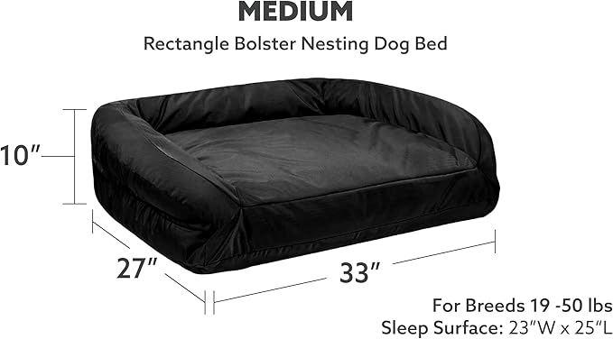 K9 Ballistics Tough Bolster Nesting Pillow Medium Sofa Dog Bed with Removable Washable Cover - Durable, Water Resistant with Nonskid Bottom 33"x27", Obsidian Black