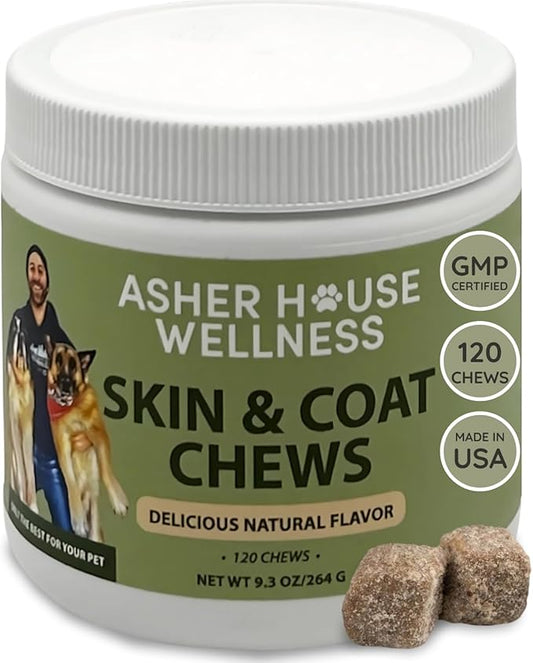 Asher House Wellness Skin & Coat Chews - Dog Itching Skin Relief with Omega 3, 6, 9, Fish Oil, Biotin - Dogs Itchy Paw Licking Chewable Treats, Puppy Dry Itch Supplement - 120 Soft Chews