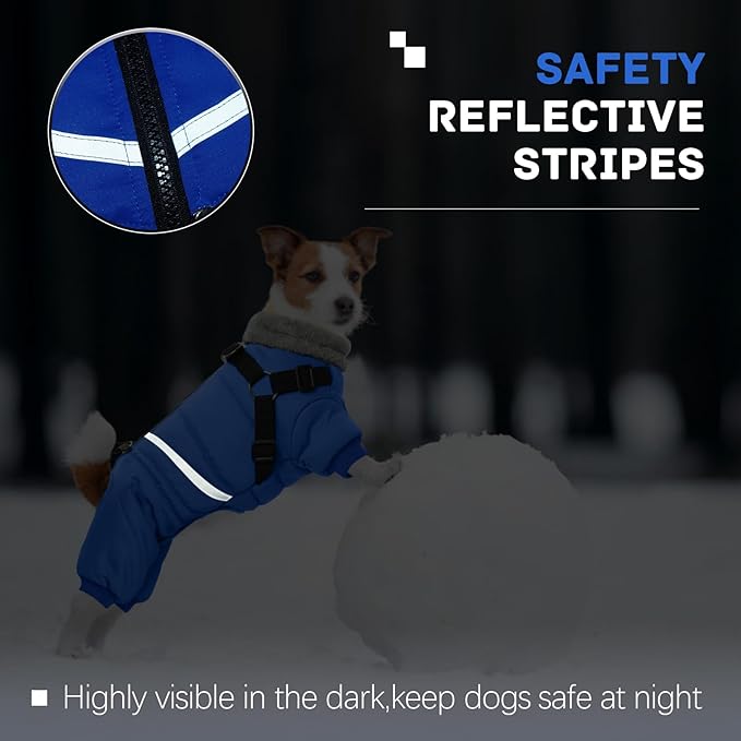 BRKURLEG Blue Dog Winter Coat, Cozy Winter Dog Jackets, Small Dogs Coat with Harness, Onesie Body Warm Puppy Christmas Jacket, Pet Reflective Cold Weather Jackets, Puppy Four-Legged Puffer Coats, XL
