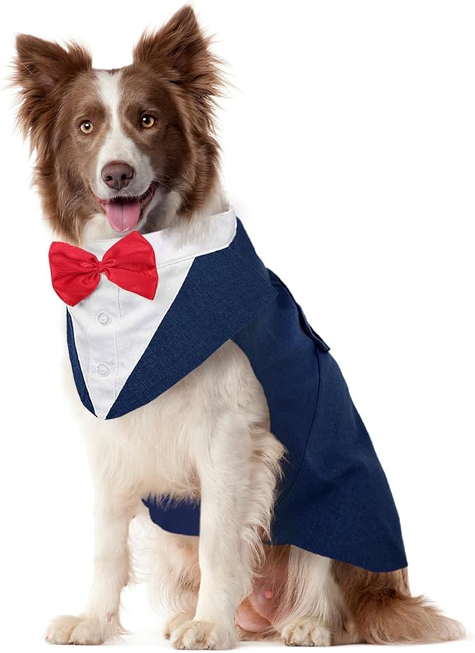 Kuoser Dog Tuxedo Dog Suit and Bandana Set, Dogs Tuxedo Wedding Party Suit, Doggy Prince Bow Tie Shirt Formal Pet Wedding Attire for Large Medium and Small Dogs Golden Retriever Samo Bulldogs