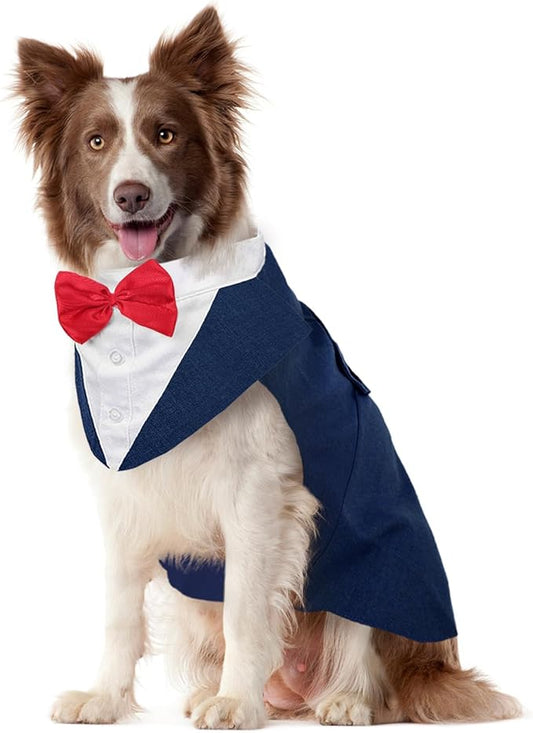 Kuoser Dog Tuxedo Dog Suit and Bandana Set, Dogs Tuxedo Wedding Party Suit, Doggy Prince Bow Tie Shirt Formal Pet Wedding Attire for Large Medium and Small Dogs Golden Retriever Samo Bulldogs