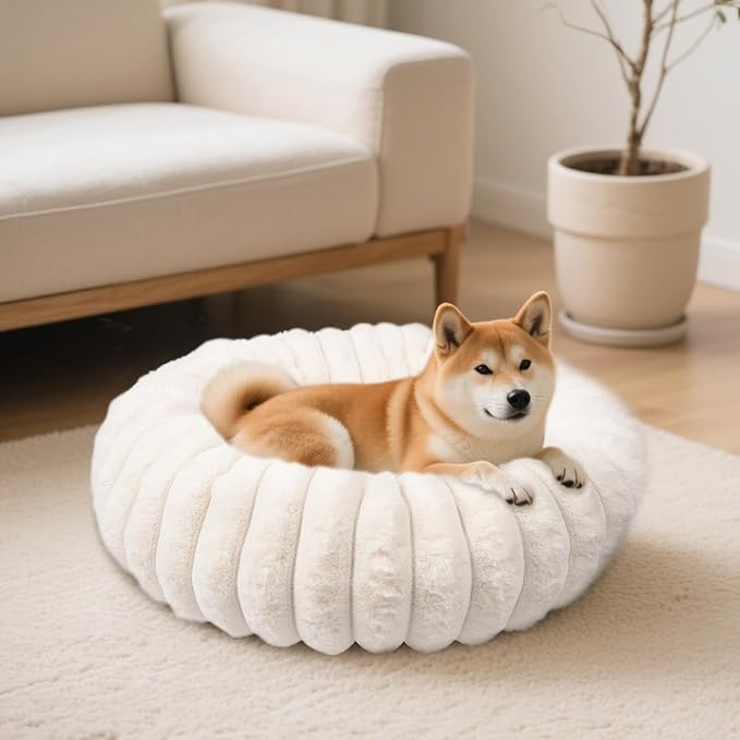 Donut Dog and Cat Bed, Luxurious Comfortable Faux Rabbit Fur Pet Beds, Round Anti-Anxiety Calming Puppy Kitten Bed with Anti-Slip Bottom for Small Medium Dogs & Cats(23", White)