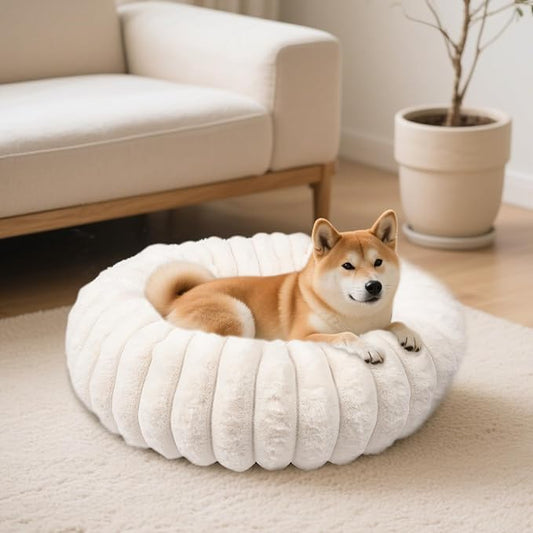 Donut Dog and Cat Bed, Luxurious Comfortable Faux Rabbit Fur Pet Beds, Round Anti-Anxiety Calming Puppy Kitten Bed with Anti-Slip Bottom for Small Medium Dogs & Cats(28", White)