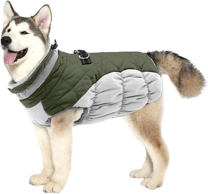 Lelepet Dog Coat Warm Dog Winter Coat Waterproof Dogs Jacket with Harness Built in Reflective Pet Fleece Vest Zip-Up Cold Weather Coats for Large Dogs Turtleneck Windproof Coats Pitbull Army Green 2XL