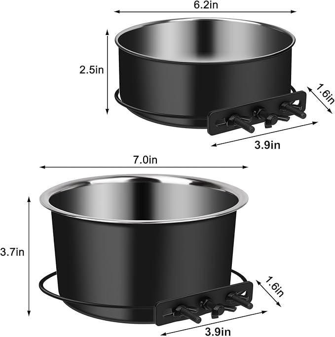 Dog Crate Bowls Hanging No Spill, ShineMe 60oz & 40oz Stainless Steel Dog Kennel Food and Water Bowls Mountable for Large and Medium Pets (7.0 x 3.7” & 6.2 x 2.5”)