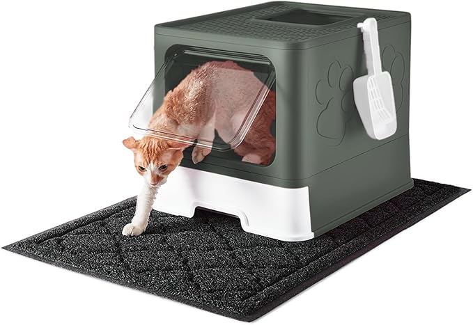 Cat Litter Box with X-Large Litter Mat and Scoop, Large Foldable Litter Box with Lid, Enclosed Kitty Box,Front Top Entry Exit, Odor Control Easy to Clean (Upgrade Olive Green)