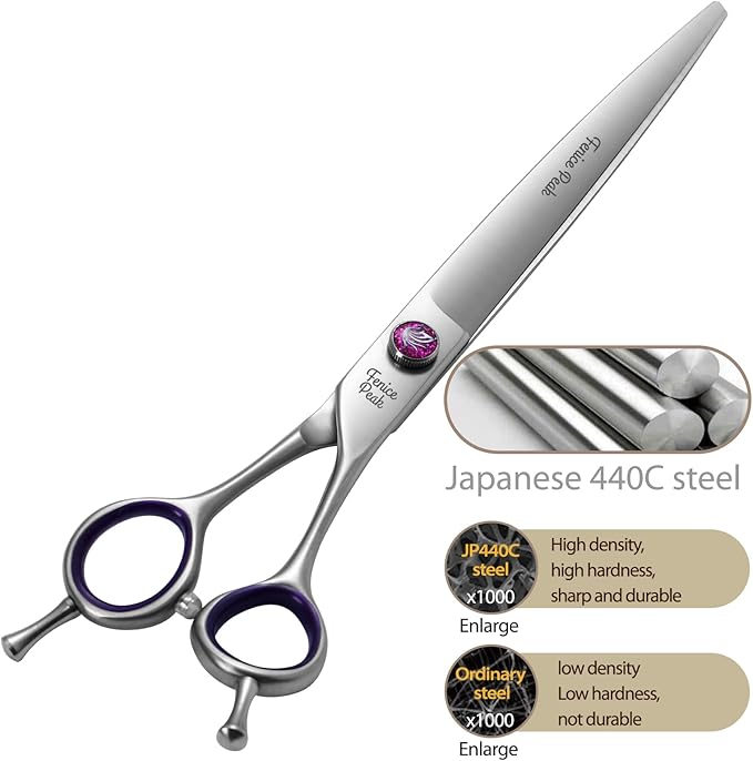 Fenice Peak 8'' Straight Dog Grooming Scissors with Decorative Screw Professional 440C Stainless Steel Metallic Pet Trimming Shears with Offset Handle Durable and Sharp