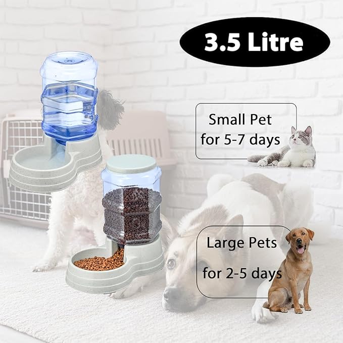 2 Pack 3.5L Automatic Gravity Pet Feeder and Water Dispenser Set, Large Capacity Automatic Dog Feeder and Dog Water Dispenser for Small Medium Dog Pets Puppy Kitten