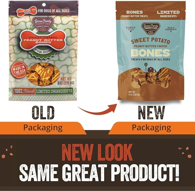 Gaines Family Farmstead Peanut Butter Coated Sweet Potato Dog Bones – 8 oz Bag, Grain-Free, Chewy, Natural Dog Treats for Digestion, Skin, Energy & Immunity – Limited Ingredient, Made in USA