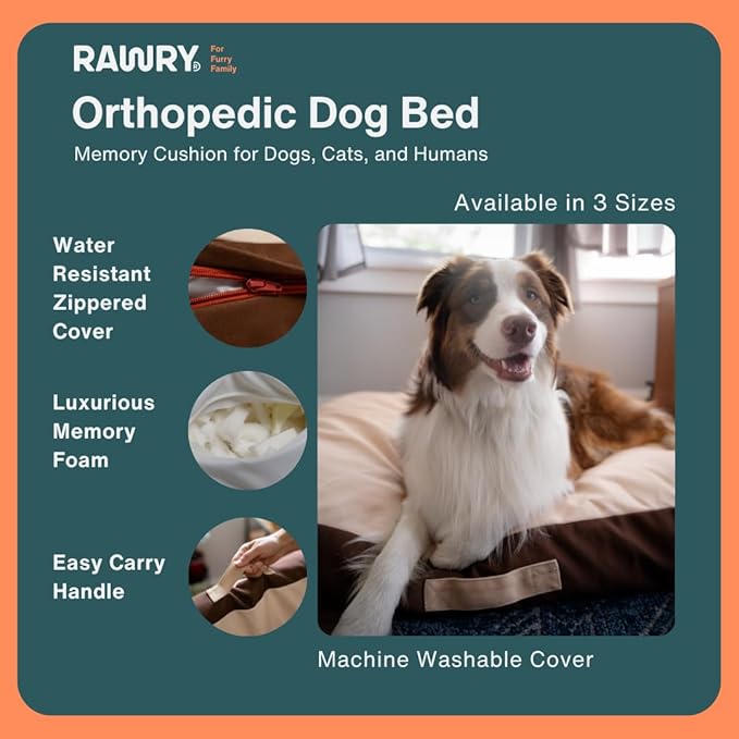 Rawry Orthopedic Dog Bed | Memory Foam Dog Bed with Handle | Water-Resistant, Machine Washable Cover | Floor Cushion for Cats, Dogs & People - Tan/Brown (X-Large - 40" x 30")