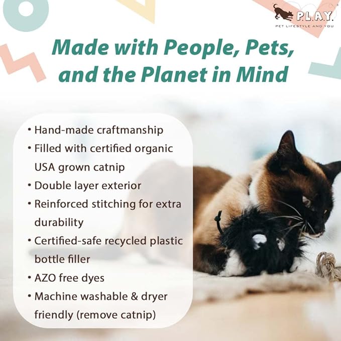 P.L.A.Y. Cute Plush Cat Toys - Feline Frenzy Animal Critter Themed Catnip Filled Toy, Great for Adult Cats and Kittens - Machine Washable, Recycled Materials, Crinkles, Rope Knots (Frisky Furball)