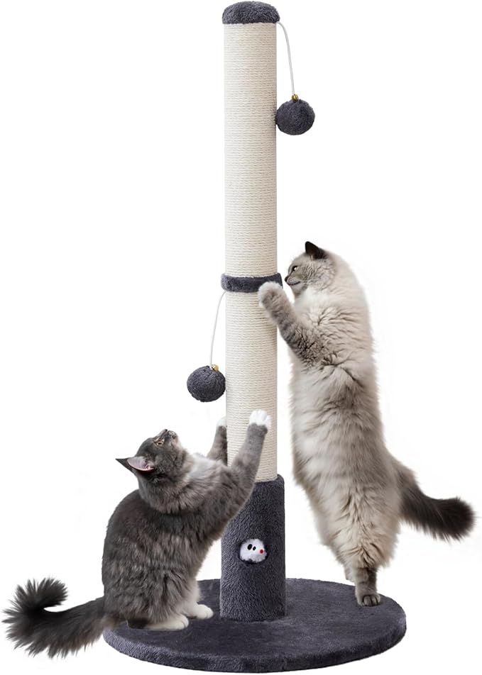 33'' Tall Cat Scratching Post for Adults Cats, Sturdy Large Scratch Pole with Hanging Ball with Fun Mouse Hole, Scratching Posts for Indoor with Durable Natural Sisal Rope (Darkgrey)