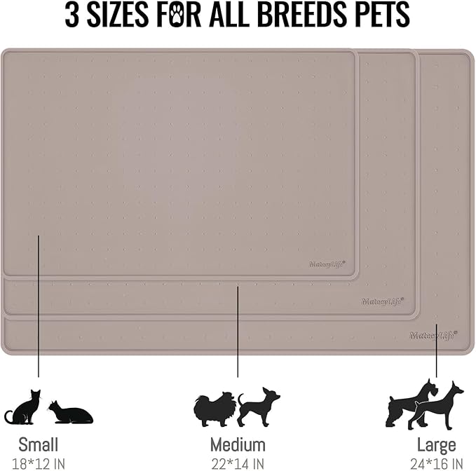 MateeyLife Dog & Cat Food Mat - Waterproof, Nonslip, Raised Edges, Silicone Tray for Messy Drinkers, 18"x12", Taupe