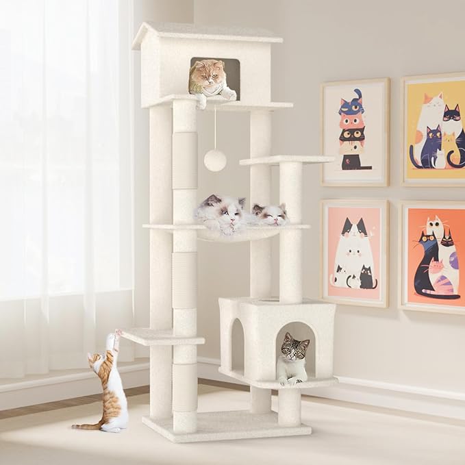 64 Inches Multi-Level Large Cat Tree Tower with Cat House for Indoor Cats/Cozy Perches/Cat Condo/Sisal Scratching Posts/Hammock/Cat Activity Center Play House/Wide Base