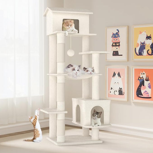 64 Inches Multi-Level Large Cat Tree Tower with Cat House for Indoor Cats/Cozy Perches/Cat Condo/Sisal Scratching Posts/Hammock/Cat Activity Center Play House/Wide Base