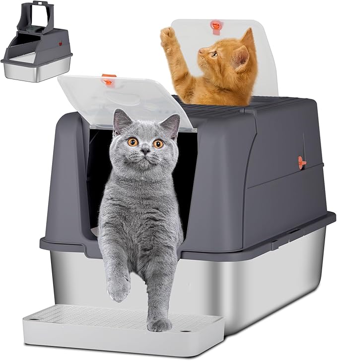 Enclosed Stainless Steel Cat Litter Box with Lid, Front & Top Flap, 180° Flip-top Design, Extra Large Metal Cat Litter Box with Scoop & Filter Pedal,Odor-Resistant (Dark Gray)
