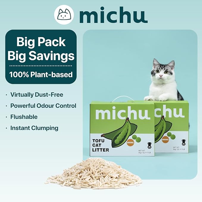 Michu Tofu Cat Litter Gen3 – 100% Natural & Biodegradable Clumping Formula, Fast-Clumping, Odor-Control, Flushable, Low-Tracking, Dust-Free – Value Box, 2 Boxes=22 lb, Peach