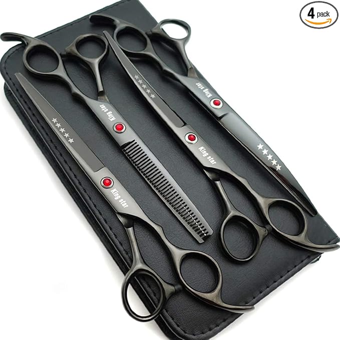 7.0in Titanium Black Professional Pet Grooming Scissors Set,Straight & Thinning & Curved Scissors 4pcs Set for Dog Grooming,(Black)