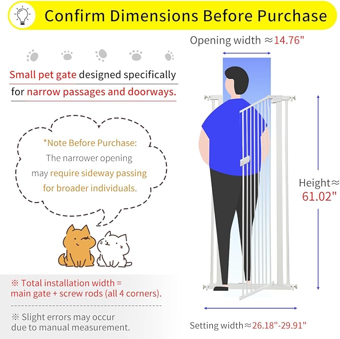 Lumizone Extra Tall Cat Gate 61.02" High Pressure Mounted Extra Wide 2025 New (17 Sizes) 1.37" Gap No Drilling Auto-Close One-Handed Operation Tall Pet Gate for Dogs(White, 26.18"-29.91"/66.5-75.5cm)