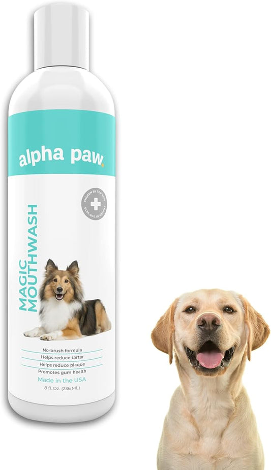Alpha Paw Magic Mouthwash for Dogs, Natural Water Additive, Canine Breath Freshener, Dog Essentials for Plaque and Tartar Treatment, Made in The USA (8 oz)