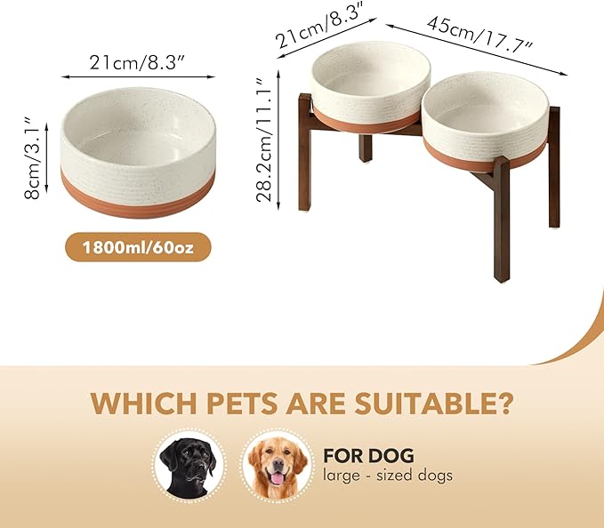 Ceramic 8.2inch Raised Double Dog Bowls Set with Acacia Wood Stand, Food & Water Bowls for Large Breed Dogs, Weighted Pet Dishes(60oz, Vanilla White)