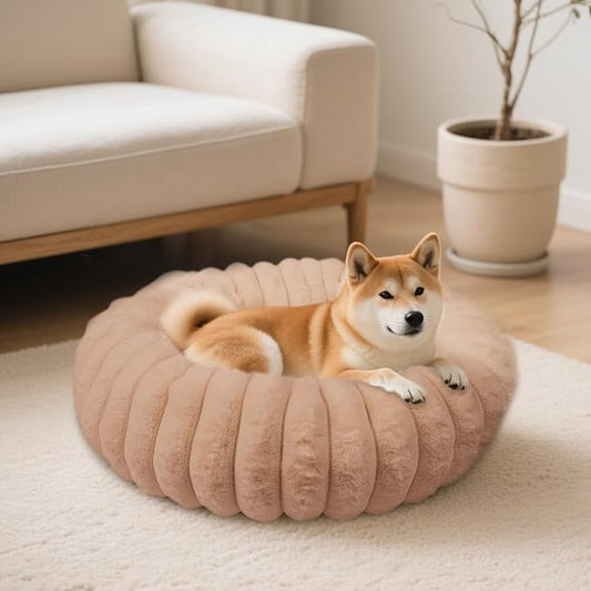 Donut Dog and Cat Bed, Luxurious Comfortable Faux Rabbit Fur Pet Beds, Round Anti-Anxiety Calming Puppy Kitten Bed with Anti-Slip Bottom for Small Medium Dogs & Cats(28", Brown)