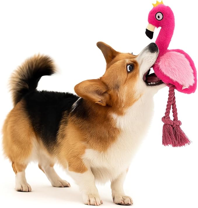 Plush Flamingo Dog Toy with Rope Legs, Pink, Interactive Squeaky Chew Toy for Small, Medium Dogs, Tug-of-War Play