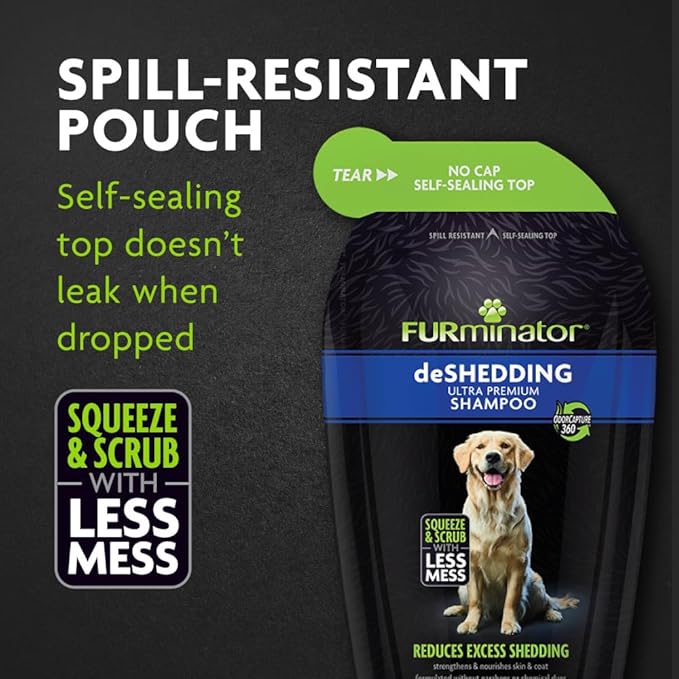 FURminator DeShedding Shampoo Squeezable Pouch,16 Fluid Ounces, Moisturizing Deshedding Shampoo for Dogs in Self-Sealing,Spill-Resistant Pouch Helps Reduce Excess Shedding and Nourishes Skin and Coat