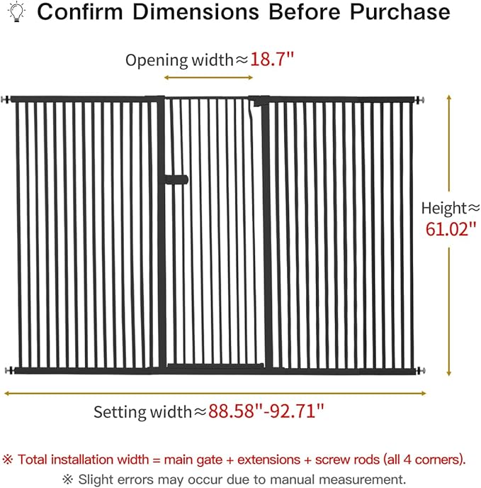 Lumizone Extra Tall Cat Gate 61.02" High Pressure Mounted Extra Wide 2025 New (17 Sizes) 1.37" Gap No Drilling Auto-Close One-Handed Operation Tall Pet Gate for Dogs(Black, 88.58"-92.71"/225-235CM)