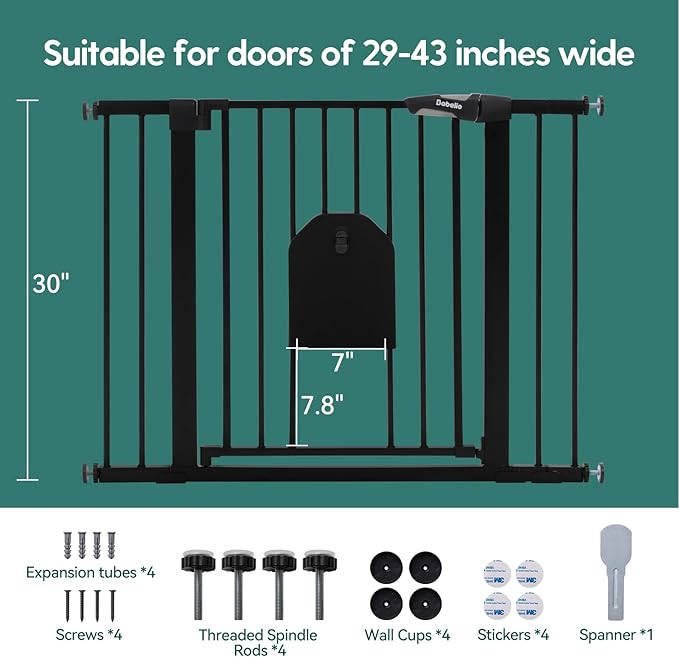 Babelio Auto Close Baby Gate with Cat Door,29-43" Metal Gate for Doorway,Stairs, House,Easy Walk Thru with Pet Door,Includes 4 Wall Cups and 3 Extension Pieces,Black